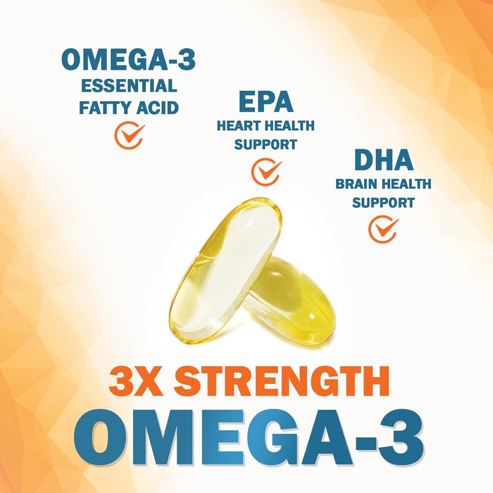 Omega 3 Fish Oil 2400 mg - Triple Strength EPA & DHA Fatty Acids for Heart, Brain & Joint Support Wild-Caught, Burpless, Lemon Flavor Supplement Natural, Non-GMO, Gluten-Free - 60 Softgels