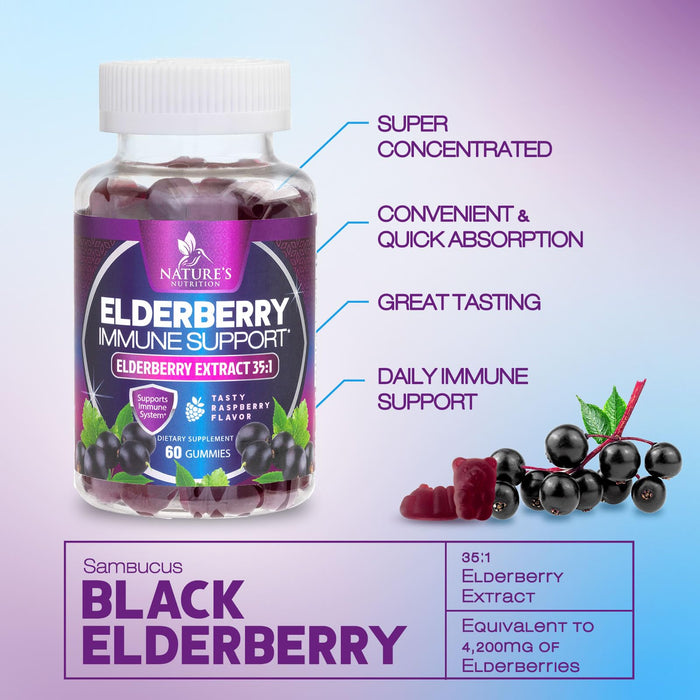 Elderberry Immune Support Gummies - Super Concentrated 35:1 Extract, Equivalent to 4200mg of Elderberries - Sambucus Black Elder Berry Vitamin Supplement, Daily Support for Kids & Adults - 60 Gummies
