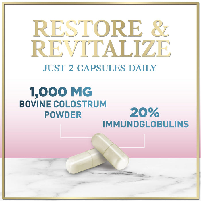 Colostrum 1000mg 20% IgG Immunoglobulins - Gut Health, Digestion & Immune Support, Bovine Colostrum Powder for Women, Muscle, Skin & Hair Growth Support, Bottled in The USA, Gluten Free - 60 Capsules