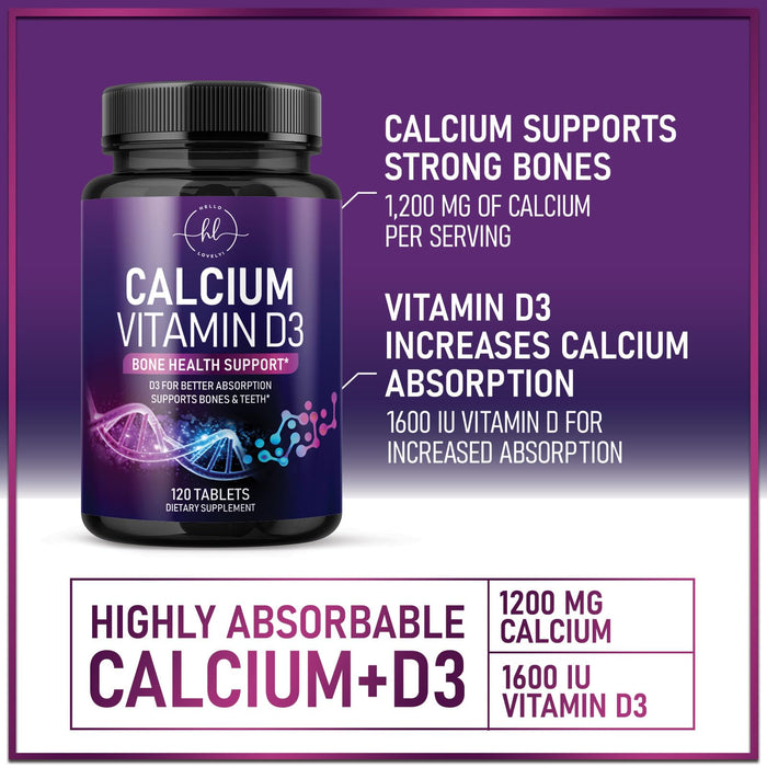 Calcium Supplements for Women 1200 mg Plus 1600 IU Vitamin D3, Bone Health, Teeth & Immune Support - Mineral Supplement with Vitamin D High Absorbable Premium 600 mg Calcium Carbonate - 120 Tablets