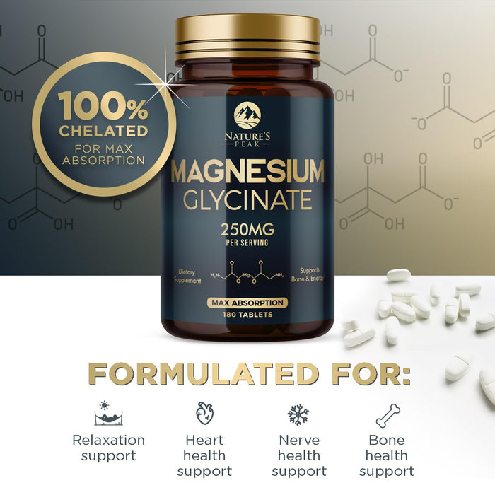 Magnesium Glycinate Chelated for Max Absorption - Supports Bone, Muscle, Nerves & Heart Health, Nature's Sleep and Stress Support, Best Magnesium Supplement Pills for Whole Body Support - 180 Tablets