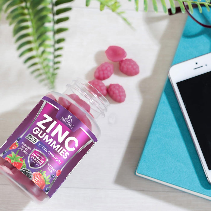 Zinc Gummies 50mg - Bone Skin & Immune Support Health Gummy & Premium Antioxidant Chewable for Adults - High Absorption Vegan, Gluten Free Zinc Supplements Vitamin - Tasty Berry Flavor - 120 Gummies