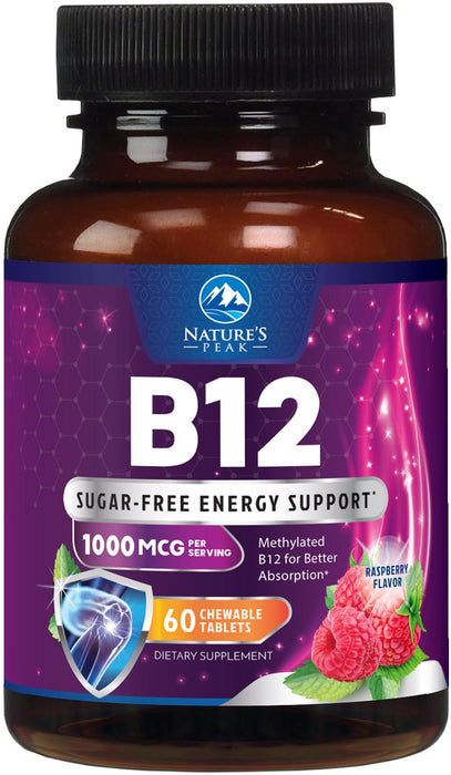 Vitamin B12 1000 mcg (Methylcobalamin) Super B 12 Complex Dietary Supplement for Energy & Immune Support, Vegan, Sugar-Free, Sublingual, Tasty Raspberry Flavor - 60 Chewable Tablets, 60 Day Supply
