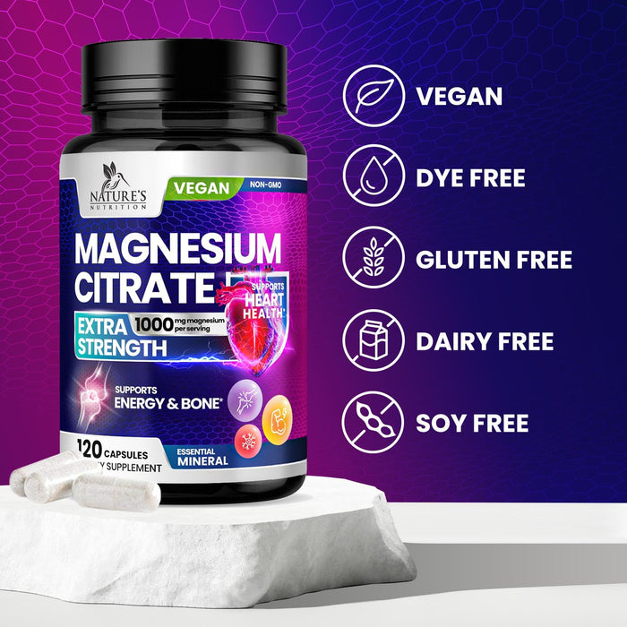 Magnesium Citrate Supplement 1000 mg for Best Absorption, Supports Bone, Heart Health, Nerves, Muscles, Metabolism & Calm, Nature's Pure Magnesio Vitamin Pills, Bottled in USA - 120 Capsules