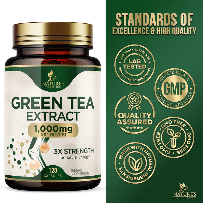 Green Tea Extract Capsules 1000 mg - Standardized 45% EGCG & 98% Polyphenols - 3X Strength Green Tea Pills for Natural Energy - Supports Heart Health, Herbal Supplement, Vegan, Non-GMO - 120 Capsules