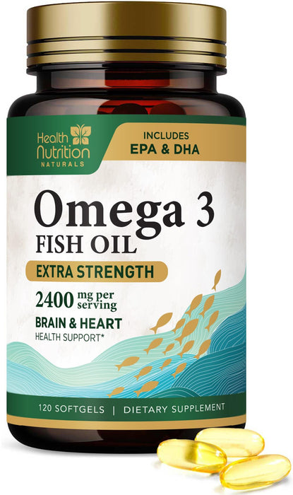 Omega 3 Fish Oil Triple Strength 1200 mg, Omega-3 Supplements, Natural Brain Heart Health & Immune Support - Fatty Acids with EPA & DHA - Wild Caught Purified Fish Oil Supplement - 120 Softgels