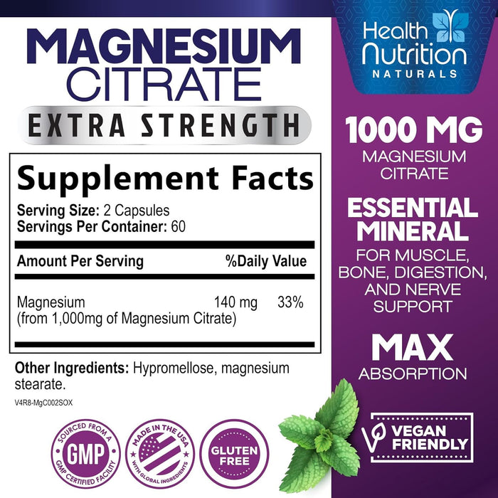 Magnesium Citrate Capsules 1000mg - Max Absorption Magnesium Powder for Muscle, Nerve, Bone and Heart Health Support, High Absorption Citrate Complex, Gluten Free, Non-GMO - 120 Capsules