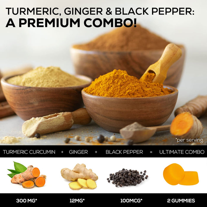 Turmeric Gummies with Black Pepper & Ginger for Best Absorption, 95% Curcuminoids Tumeric Curcumin Gummy, Nature's Herbal Extract Joint Support Supplement, Vegan Non-GMO, Peach Flavor - 60 Gummies