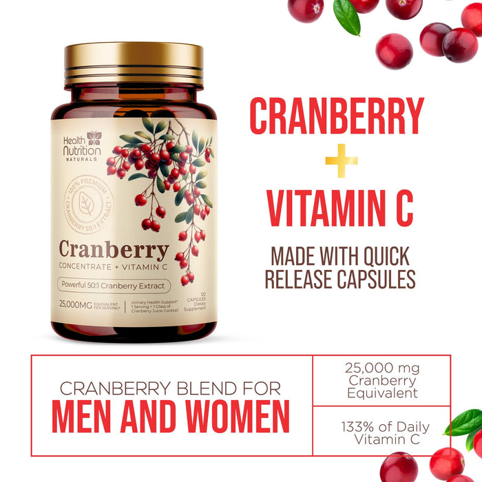Cranberry Supplement Pills 25,000mg - High Potency Vitamin C Cranberry for Women & Men, Urinary Tract Health Support, Sugar Free, Gluten Free, Non-GMO, Cranberry Concentrate Extract - 120 Capsules