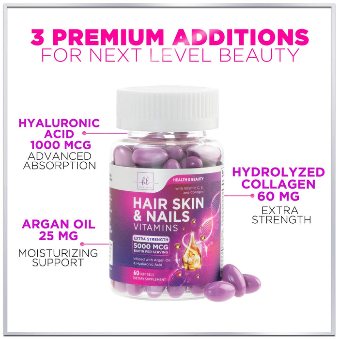 Hair, Skin & Nails Vitamins for Women - Biotin 5000mcg to Support Hair Growth with Argan Oil, Collagen & Hyaluronic Acid, Beautiful, Stronger Skin, Hair & Nails Vitamin Supplement - 60 Softgels