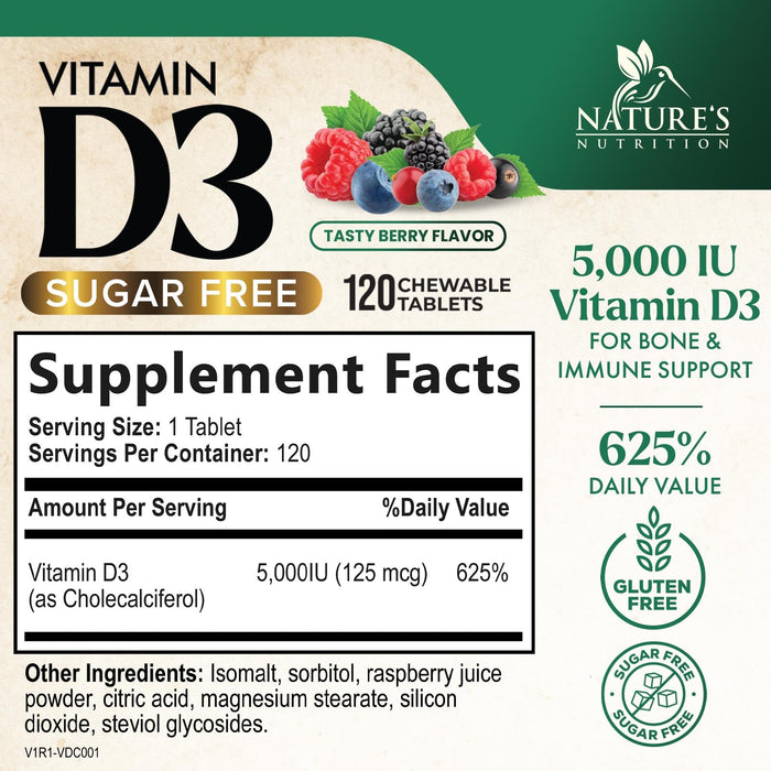 Vitamin D3 5000 IU (125 mcg) Nature's Extra Strength Vitamin D Supplement Chewable for Immune Support Health - Bone, Teeth and Muscle Supplements - Sugar Free, Non-GMO, Gluten Free - 120 Count Tablets