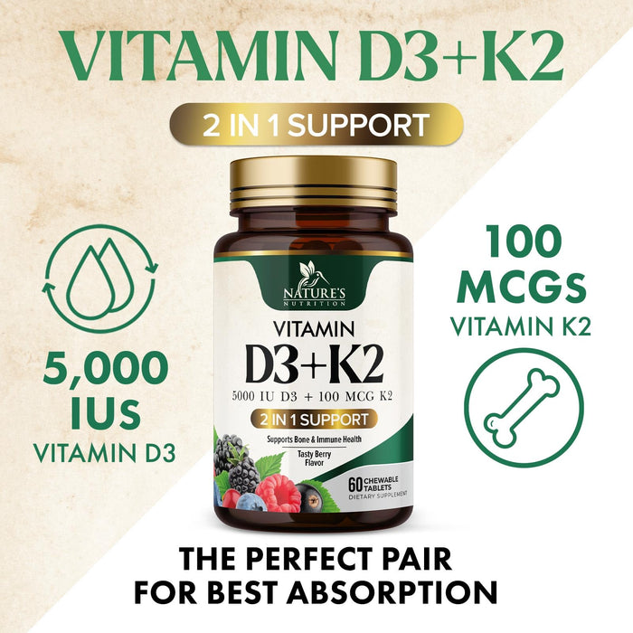 Vitamin D3 K2 Supplement | 5000 IU D3 + K2 100 mcg | MK-7 K2 with Vitamin D | Supports Immune, Heart, Teeth & Bone Health - Nature's Easy to Chew, VIT D3 K2, Non-GMO, Tasty Berry Flavor - 60 Tablets