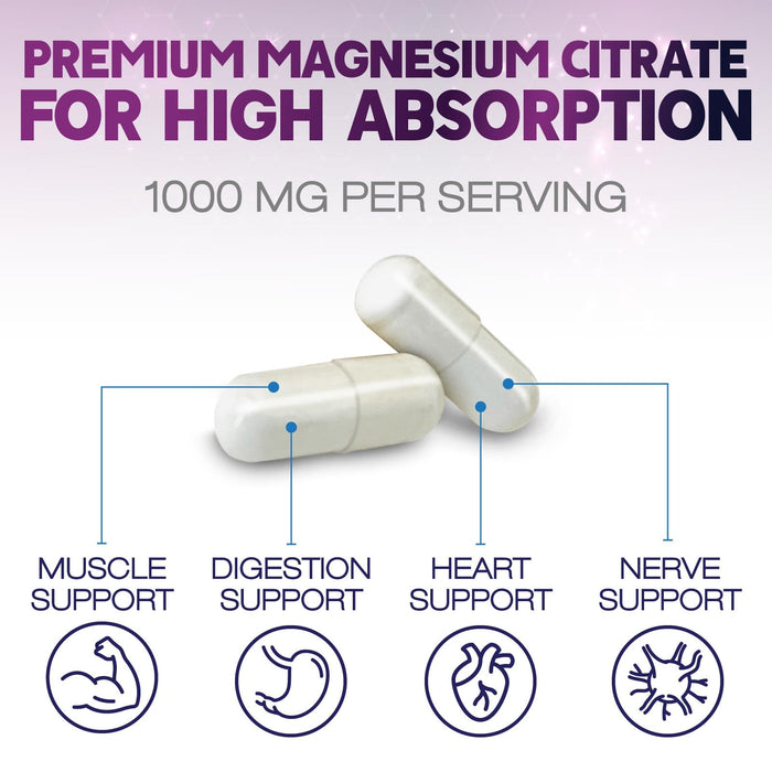 Magnesium Citrate Capsules 1000mg - Max Absorption Magnesium Powder for Muscle, Nerve, Bone and Heart Health Support, High Absorption Citrate Complex, Gluten Free, Non-GMO - 240 Capsules