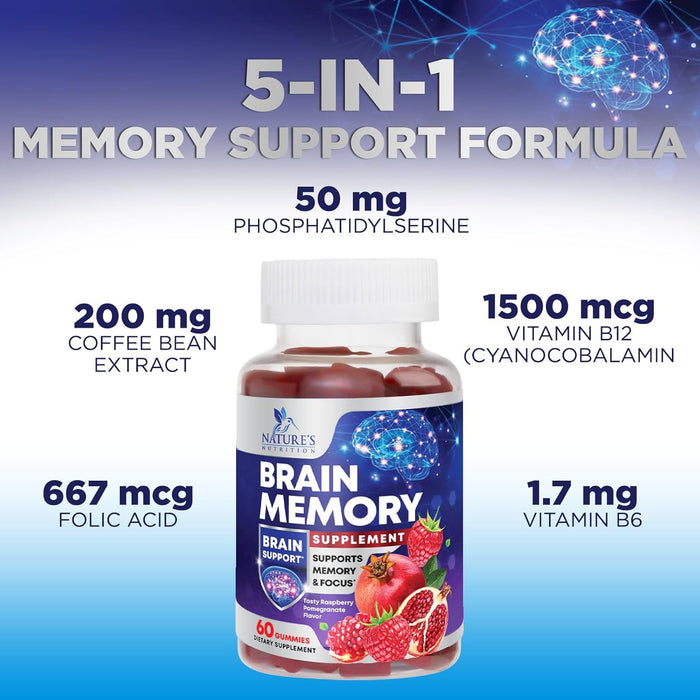 Brain Supplement Gummies for Concentration Memory & Focus Support - Brain Clarity Health with B6 B12, Phosphatidylserine, Coffee Extract, Nootropics Cognitive Vitamins for Adults - 60 Vegan Gummies