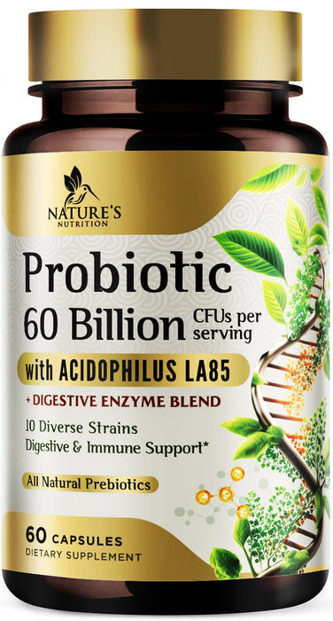 Probiotics for Women & Men - 60 Billion CFU 10 Strains + Prebiotics - Digestive Health, Gut & Immune Support - Support for Occasional Constipation, Gas & Bloating - Non-GMO Shelf Stable - 60 Capsules