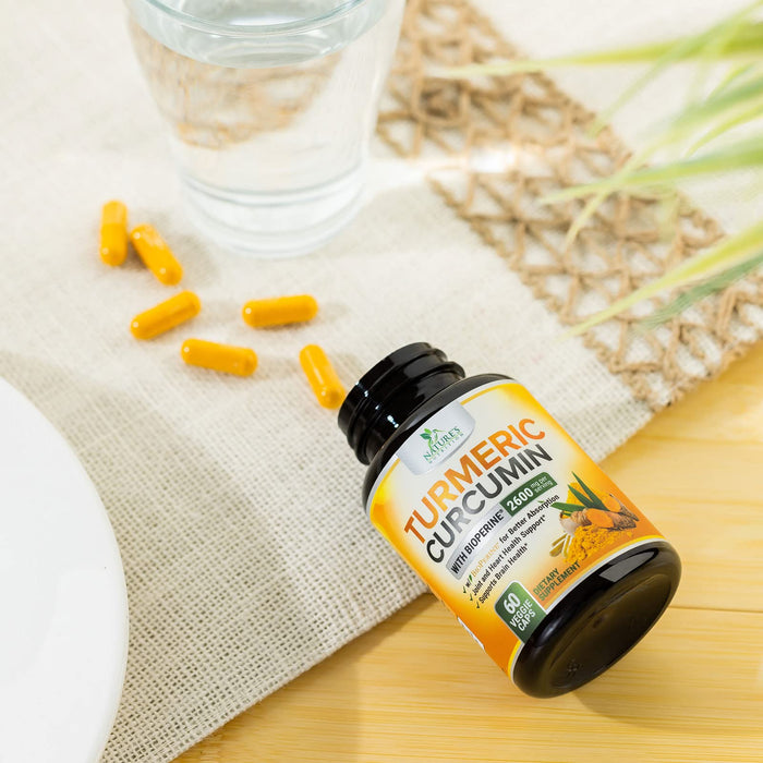 Turmeric Curcumin Supplement with BioPerine 95% Curcuminoids 2600mg with Black Pepper for Best Absorption, Bottled in USA, Best Natural Vegan Joint Support, Nature's Non-GMO Tumeric - 60 Capsules