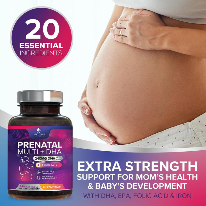 Prenatal Vitamins with Folic Acid & DHA, Fetal Brain Development Support with Folate & Omega 3's, Prenatal Multivitamin for Women, Vitamin A, C, D, B6, B12 & Iron, Pregnancy Supplement - 240 Softgels