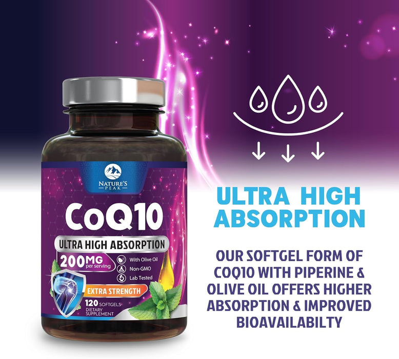 CoQ10 200mg - Ultra High Absorption Co Q 10 Softgel Supplement With Black Pepper, Energy & Heart Health Support Antioxidant - Coenzyme Q10 (Ubiquinone) for Women & Men, Bottled in USA - 120 Softgels
