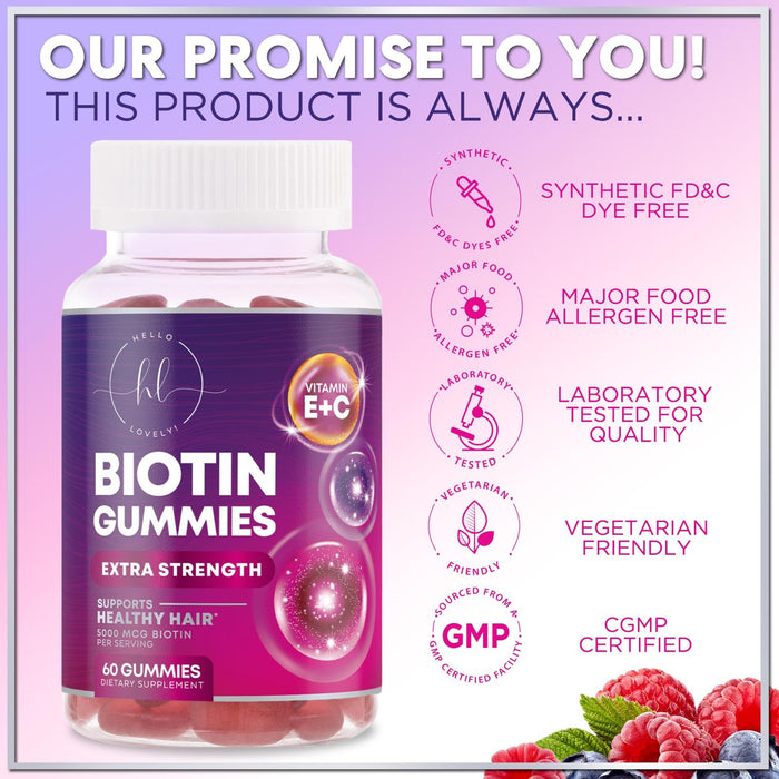 Hair Vitamins Gummy for Women with Biotin 5000 mcg, Sugar-Free Hair Growth Support with Vitamins E & C, Thicker, Stronger & Beautiful Hair, Skin & Nails, Hair Health Support Supplement - 60 Gummies