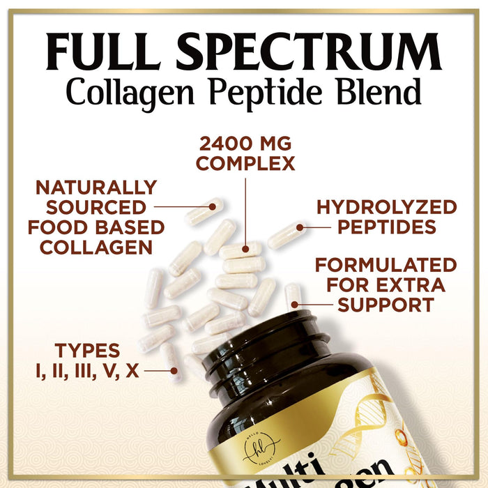Multi Collagen Peptides for Women – 2400mg Best Hydrolyzed Collagen Complex with 5 Types (I, II, III, V, X) - Grass Fed - Hair, Skin, Nail, Bone & Joint Support for Beauty & Wellness – 120 Capsules