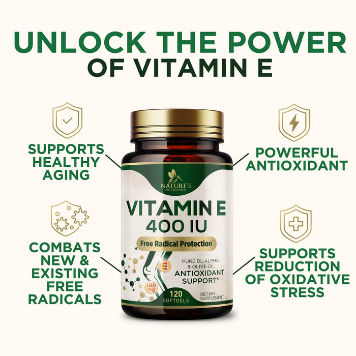 Vitamin E 400 IU Softgels (180mg DL-Alpha) for Women & Men, Supplement for Max Absorption, Nature's Antioxidant for Skin, Heart, Eye, and Immune Health Support, Dairy, Gluten & Soy Free, 120 Softgels