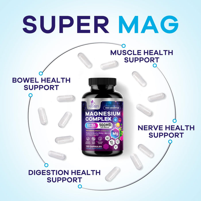 Magnesium Complex Supplement 500 mg - 4 in 1 High Absorption Chelated Magnesium Glycinate, Malate, Citrate, Oxide, Aquamin - Non-GMO Magnesio Capsules, Bone Muscle & Heart Health Support, 120 Capsules