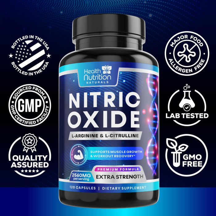 Extra Strength Nitric Oxide Supplement 3X Strength L Arginine, Citrulline Malate, AAKG, Beta Alanine - Premium Muscle Supporting Nitric Booster - Natural Energy & Heart Health Support - 120 Capsules