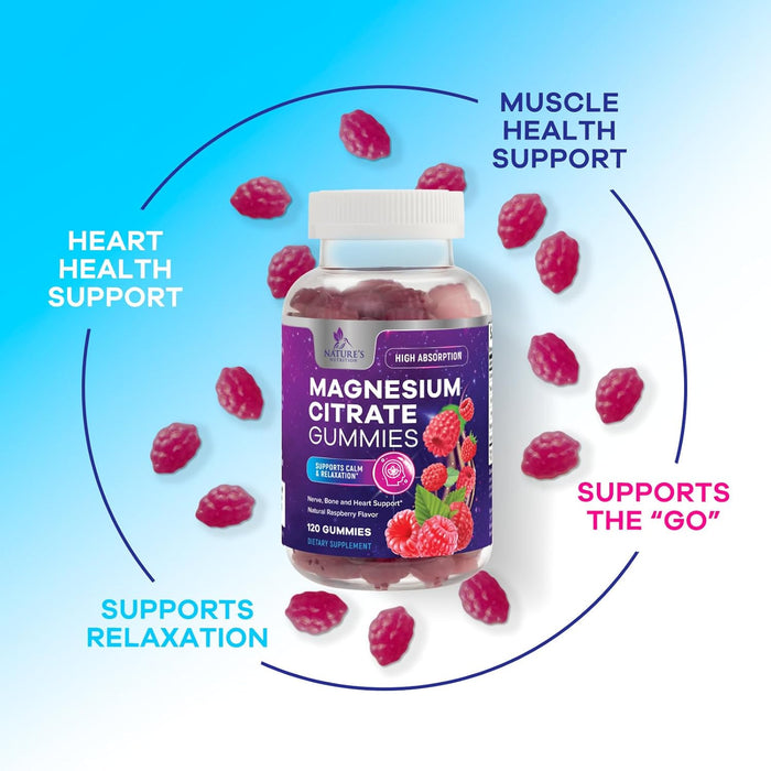 Magnesium Gummies Supplement - High Absorption Magnesium Citrate Supplement for Adults & Kids - Nature's Calm Magnesio Gummy Dietary Supplements for Bone, Muscle Health, Heart Support - 120 Gummies