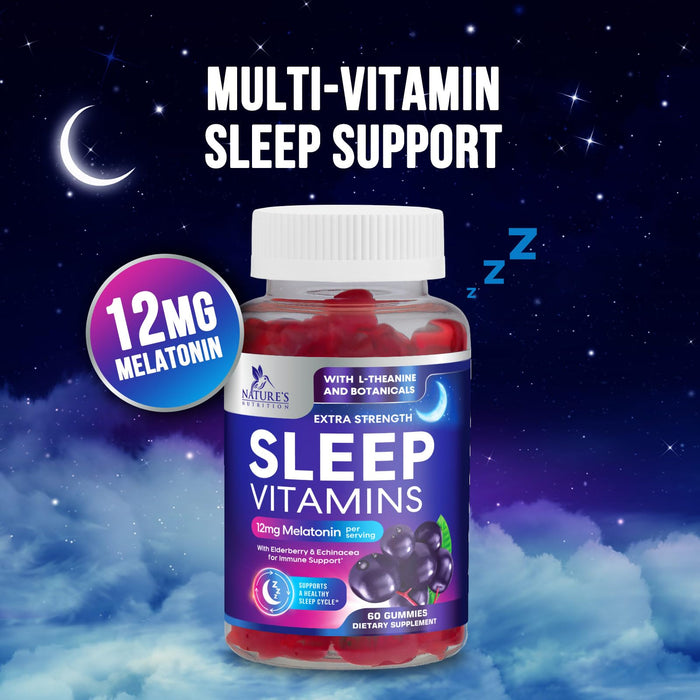 Sleep Gummies with Melatonin 12 mg - Extra Strength Sleep Vitamin Gummy, Natural Melatonin Gummy, Occasional Sleep Support Supplement for Adults, Vegan, Non-GMO, Gomitas para Dormir - 60 Gummies