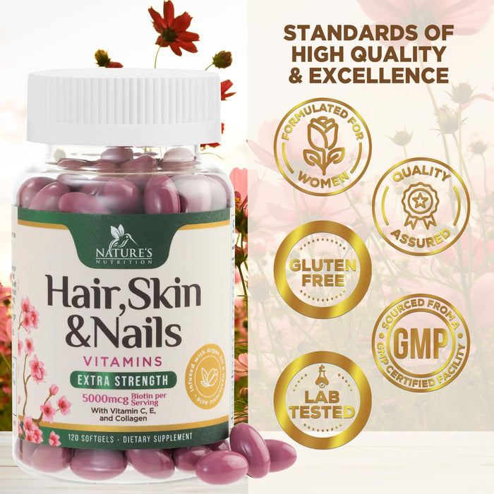 Hair Vitamins Biotin 5000 mcg Collagen for Hair Skin and Nails Vitamin Nature's – 120 Softgels