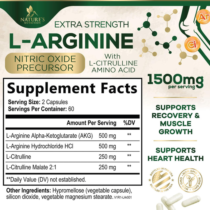 L-Arginine Supplement 1000mg with L-Citrulline - Heart Health Support - Muscle Supporting Nitric Oxide Precursor Booster for Extra Strength - Non-GMO Amino Acid Energy Blend For Men - 120 Capsules
