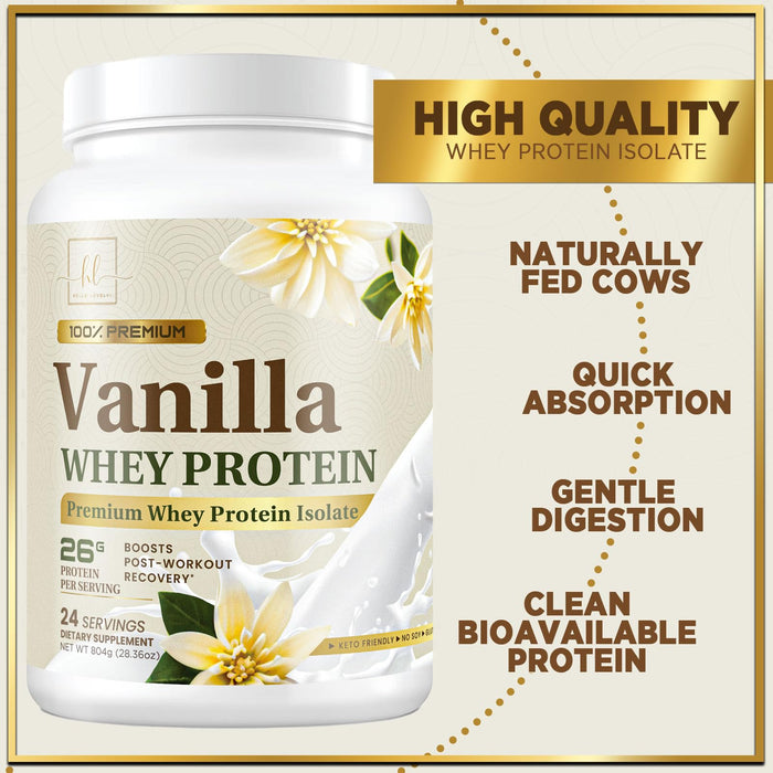 100% Whey Protein Powder, Creamy Vanilla Whey Isolate 26g Protein & BCAAs - Support Muscle Growth, Recovery & Fitness - Gluten Free, Fast Absorbing, Easy Digesting - Women & Men - 24 Servings