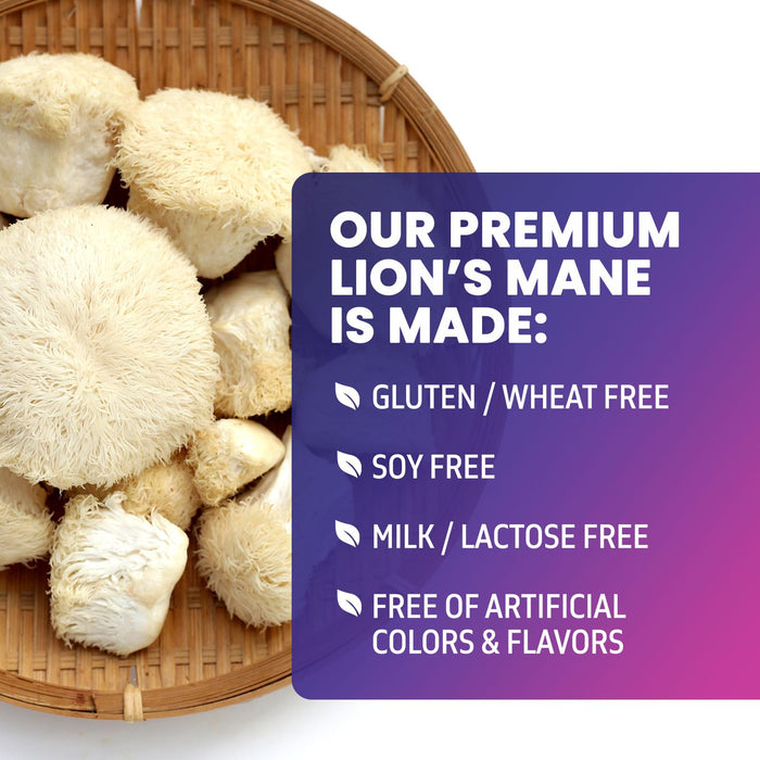 Lions Mane Mushroom Capsules 10,000mg - Lion’s Mane Supplement Capsules for Memory and Focus Support, Brain, Immune Health Support, Vegan, Bottled in USA, Lions Mane Mushroom Powder Extract, 60 Count