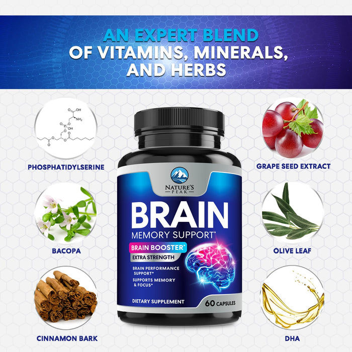 Brain Memory Supplement Pills - Nootropics Support for Concentration, Clarity, Alertness & Focus - Brain Health with Bacopa, Cognitive Vitamins, Phosphatidylserine, DMAE - Brain Booster - 60 Capsules