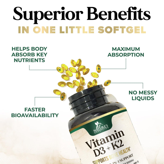 Vitamin D3 K2 5000 IU Plus with K2 (MK-7) 100 mcg - Vitamins D & K Complex Supplement for Bone, Teeth, Muscle, Calcium Absorption, Supports Immune & Heart Health, Non-GMO, Oil Formula - 120 Softgels
