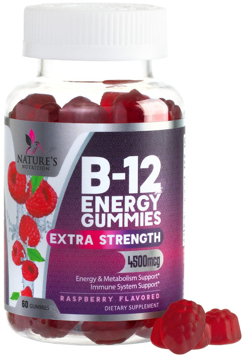 B-12 Vitamin Energy Gummies - 4500mcg Extra Strength B12 Gummy Chewables for Energy Metabolism & Immune Support - Dietary Supplement for Women, Men, & Kids - Non-GMO, Vegan, Berry Flavor - 60 Count