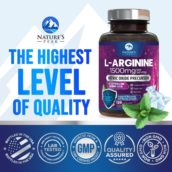 L-Arginine 1000mg Supplement - Heart Health Support - Premium Muscle Supporting Nitric Oxide Precursor Booster for Extra Strength - Gluten Free, Amino Acid Energy Blend For Men & Women - 120 Capsules