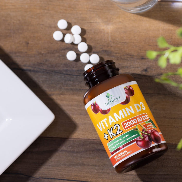 Vitamin D3 K2 2000 IU Plus with K2 (MK-7) 75 mcg - Vitamins D & K Complex Supplement for Bone, Teeth, Muscle, Calcium Absorption, Supports Immune & Heart Health, Non-GMO Chewable Formula - 180 Tablets