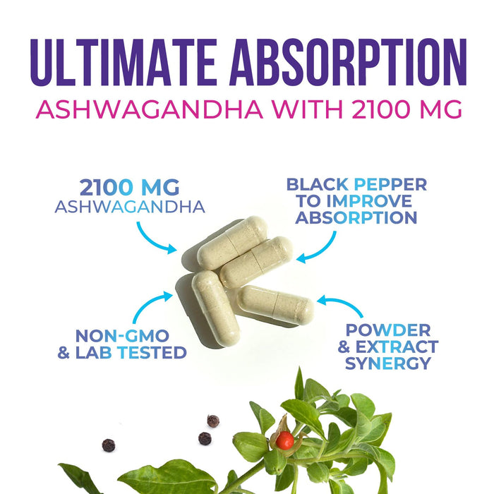 Ashwagandha Supplement 2100mg - Extra Strength Herbal Root Extract, Best Ashwagandha Supplements for Men & Women, Restore, Unwind, Calm Support Formula, Vegetarian, Non-GMO, Gluten-Free, 60 Capsules