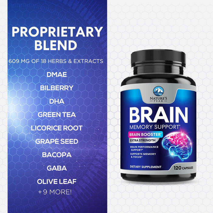 Brain Memory Supplement Pills - Nootropics Support for Concentration, Clarity, Alertness & Focus - Brain Health with Bacopa, Cognitive Vitamins, Phosphatidylserine, DMAE - Brain Booster - 120 Capsules