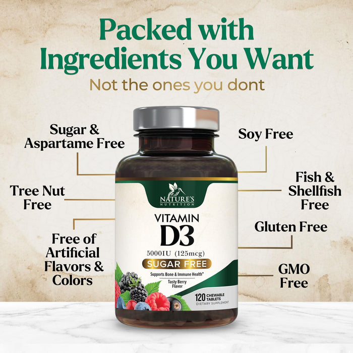 Vitamin D3 5000 IU (125 mcg) Nature's Extra Strength Vitamin D Supplement Chewable for Immune Support Health - Bone, Teeth and Muscle Supplements - Sugar Free, Non-GMO, Gluten Free - 120 Count Tablets