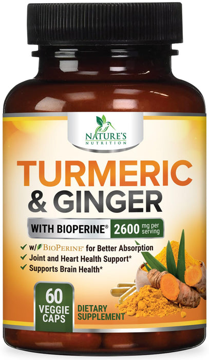 Turmeric Curcumin Supplement 2600mg with Organic Ginger & Turmeric, BioPerine Black Pepper Extract 95% Curcuminoids - Advanced Absorption Joint & Antioxidant Extra Strength Support - 60 Capsules