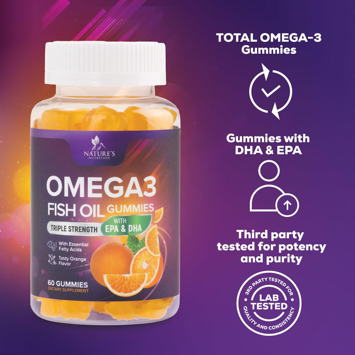 Omega-3 Gummies, Fish Oil Gummies for Adults & Kids, Omega-3 Gummy Vitamins, EPA & DHA Fish Oil Fatty Acids Gummy Supplement, Nature's Supplements for Joint, Heart Health, & Brain Support - 60 Count