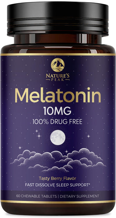 Melatonin 10mg - Sleep Support Supplements for Adults - Extra Strength Fast Dissolve 10 mg Melatonin Tablets for Restful Sleep Support, Natural Strawberry Flavor, Sugar-Free Non-GMO - 60 Day Supply