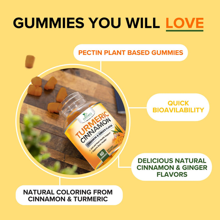 Turmeric Curcumin Supplement Gummies with Ginger & Cinnamon, 95% Curcuminoids Turmeric Curcumin Gummy with Black Pepper for Best Absorption, Nature's Vegan Joint Support Tumeric, Non-GMO, 60 Gummies