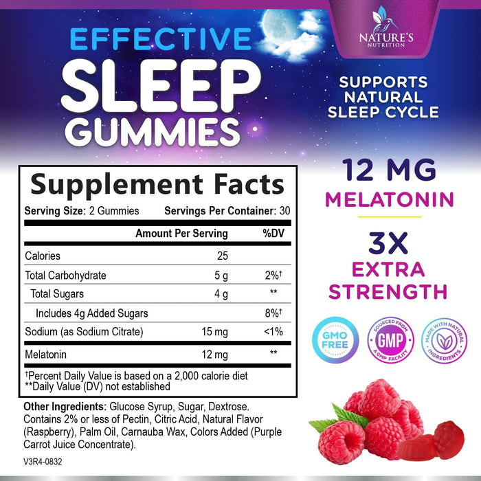 Sleep Gummies with Melatonin - Extra Strength Sleep Gummy, 12 mg Melatonin, Natural Melatonin Gummy, Occasional Sleep Support Supplement for Adults, Vegan, Non-GMO, Gomitas para Dormir - 60 Gummies