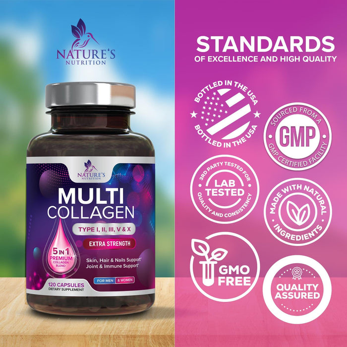 Multi Collagen Peptides Supplement - Hydrolyzed Types I, II, III, V & X Multi Collagen Pills, Hydrolyzed Collagen Peptides Supplements, Hair, Skin, Nail, and Joint Support Supplement, 120 Capsules