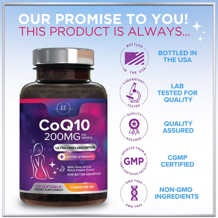 CoQ10 200mg Softgels - Ultra High Absorption, Antioxidant for Heart Health & Energy Production Support - Coenzyme Q10 (Ubiquinone) Co Q 10 Supplement and Vitamins 100mg Each - Non GMO - 120 Softgels