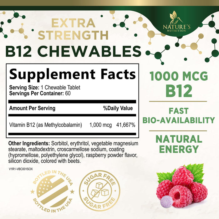 Vitamin B12 (Methylcobalamin) 1000 mcg - Chewable Tablet for Energy, Nervous System & Brain Support - Maximum Strength, Fast Dissolve, Vegan, Gluten-Free, Non-GMO for Women & Men - 60 Tablets