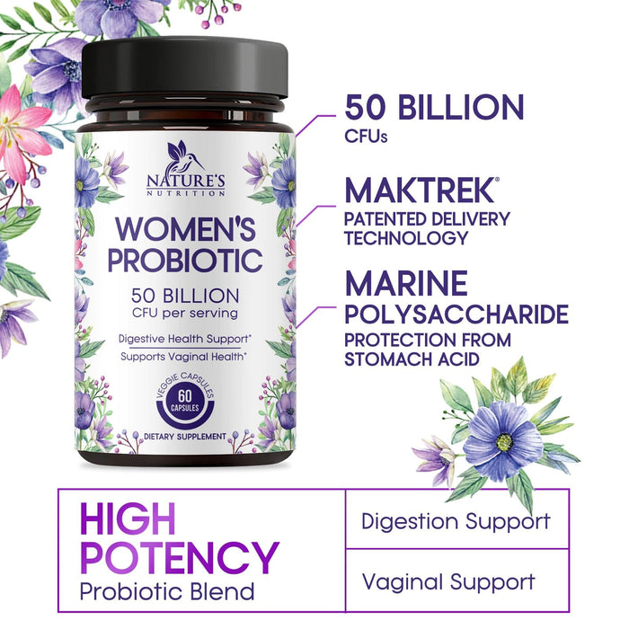 Probiotics for Women 50 Billion CFU - Digestive Health, Vaginal pH & Immune Support, Prebiotics & Cranberry, Gut Health & Urinary Support, 5 Strains, Shelf Stable Women's Probiotic - 60 Capsules